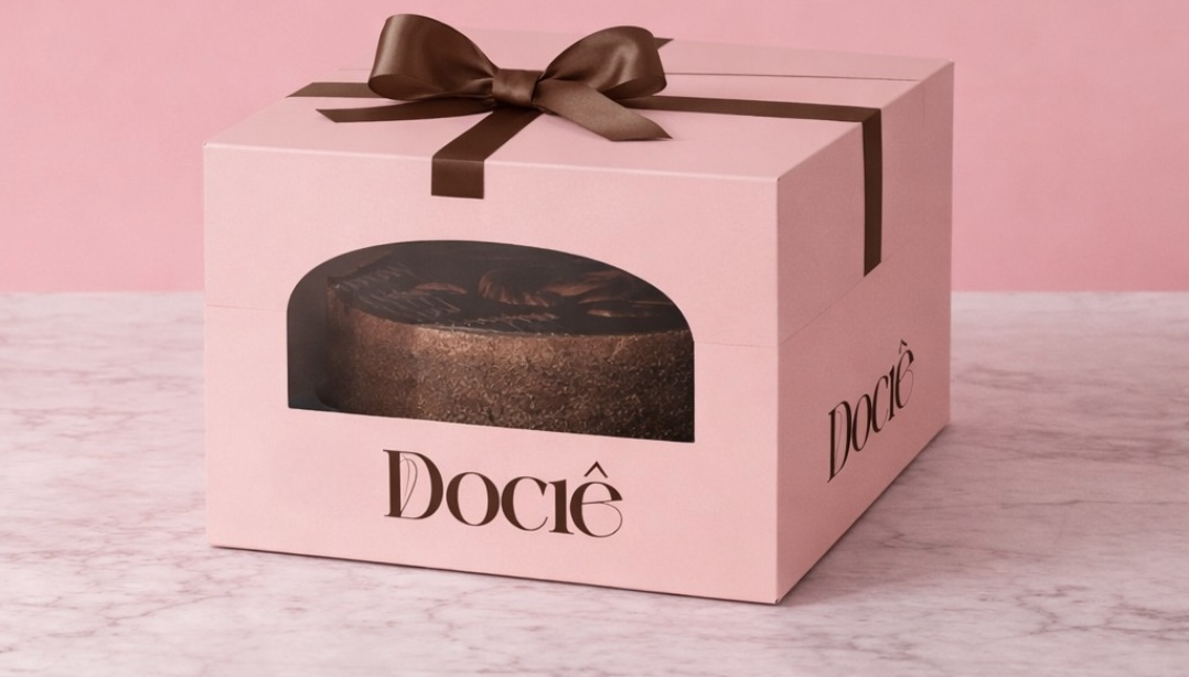 Torta artesanal na embalagem premium Dociê com laço marrom