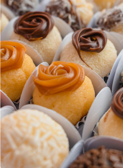 Doces finos artesanais com cobertura de chocolate e caramelo